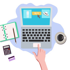 Online shopping landing page website illustration with woman hand and laptop.