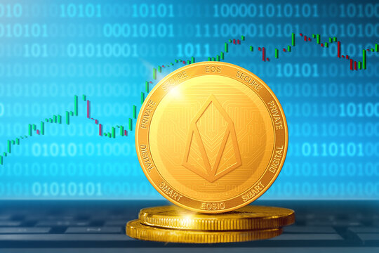 EOS cryptocurrency; EOS golden coin on the background of the chart
