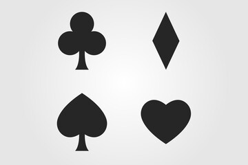Set of playing card symbols; heart, spade, diamond, club on white background