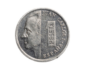 Spain one peseta coin on white isolated background
