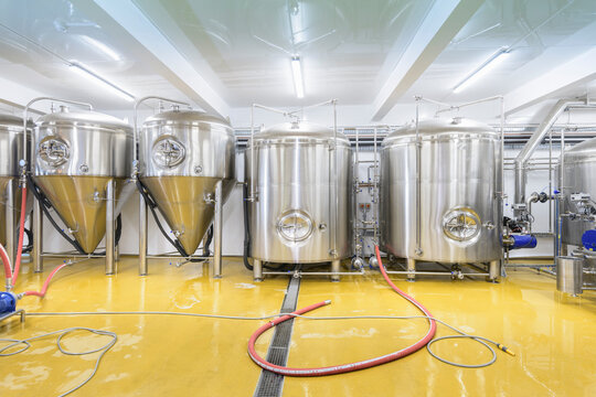 View of brewing tanks in small brewery