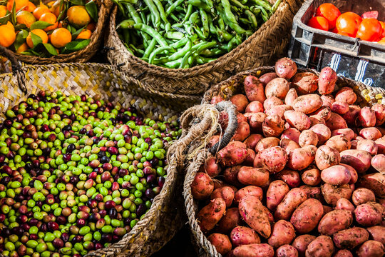 Baskets of fresh fruit and vegetables,  Fes, Morocco