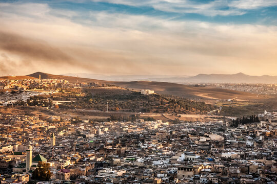 Cityscape and distant mountains, elevated view,  Fes, Morocco