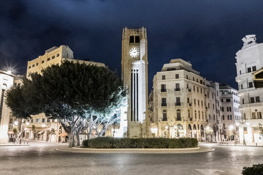 Clock tower in Nejmeh Square at night, Beirut, Lebanon