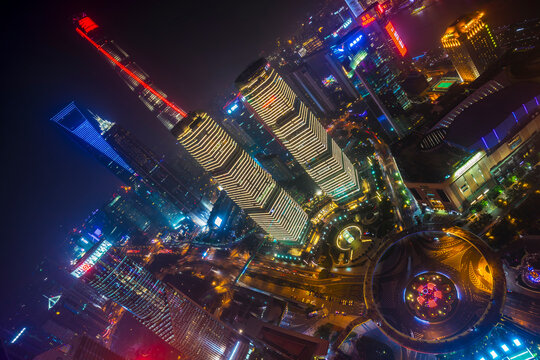 Pudong skyline with Shanghai Tower, Shanghai World Financial Centre and IFC at night, high angle view, Shanghai, China