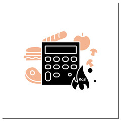 Calorie calculator glyph icon. Online food counter. Healthy eating. Calorie count. Serving size. Weight loss concept. Portion control.Filled flat sign. Isolated silhouette vector illustration
