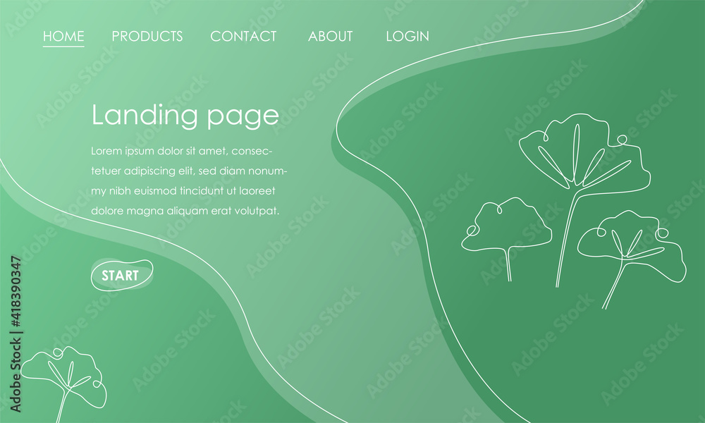 Poster Landing page template with palm leaves on green background. Simple Tropical botanical design vector illustration concept for website development. Vector illustration