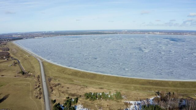 Aerial winter view of the huge dam in Latvia near city of Salaspils and Riga.