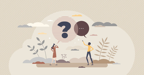 Question and answer with communication speech dialog tiny person concept - obrazy, fototapety, plakaty