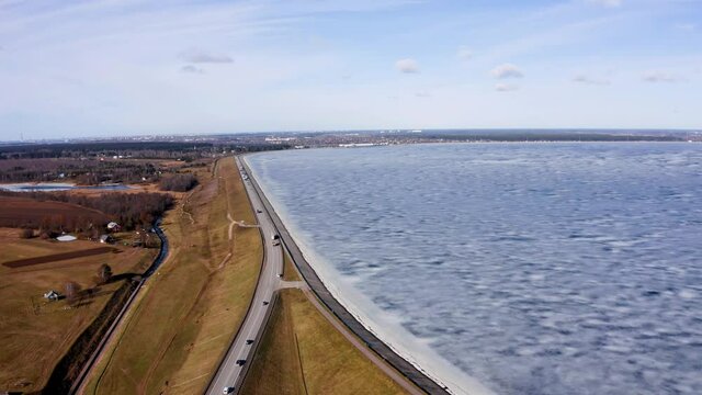 Aerial winter view of the huge dam in Latvia near city of Salaspils and Riga.