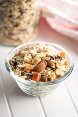 Beakfast cereals in bowl. Healthy muesli with oat flakes, nuts and raisins