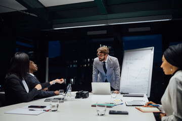 Business team having discussion during office presentation