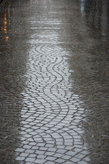 Rain on a cobblestone pavement
