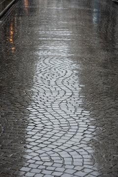 Rain on a cobblestone pavement