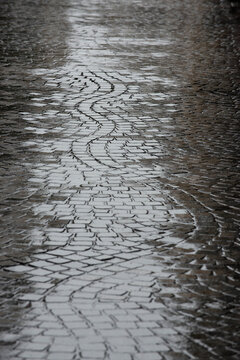 Rain on a cobblestone pavement