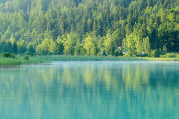A shore line of Weissensee lake in Austrian Alps. The water has strong turquoise color. Green shore of the lake. A small village at the side of the lake. Serenity and peacefulness