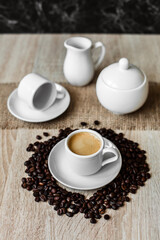 Fototapeta na wymiar white cups, coffee beans, espresso
