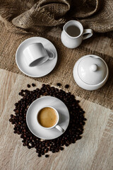 white cup, coffee beans, espresso