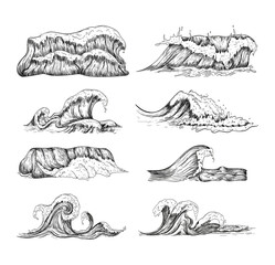 Sea waves handdrawn sketch set. Sketch ocean waves collection.