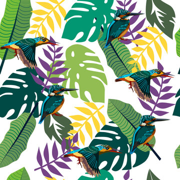 Tropical plants seamless pattern. Hummingbird. Tropical leaf Wallpaper.