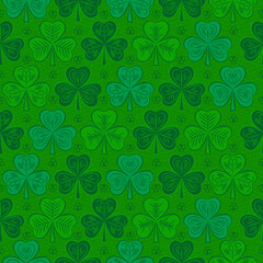 Green Patrick's Day background with decorative painted clover. Patrick's Day design. Seamless Pattern. Can be used for wallpaper, web, scrap booking, vector illustration.