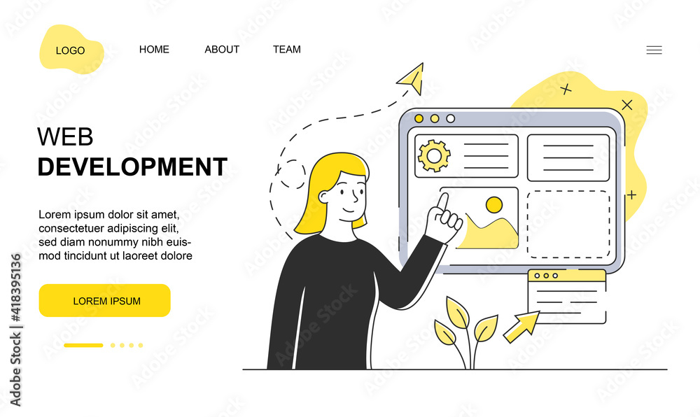 Wall mural female character is working on web development. young woman is standing next to screen and developin