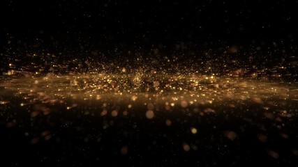 Fototapeta na wymiar Golden particles explosion. Bokeh lights. Explode gold dust. Xmas background. New Year 2022. 3d rendering