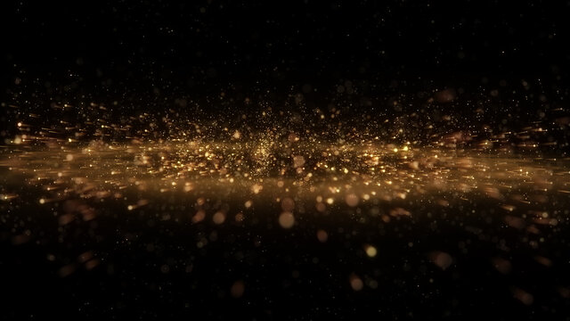 Golden particles explosion. Bokeh lights. Explode gold dust. Xmas background. New Year 2022. 3d rendering