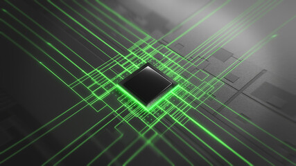 Technology background. Microchip gpu. Green neon lines network. Flowing information. Motion graphics design. 3D rendering