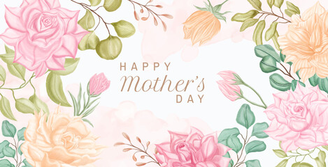 Happy mother's day greeting card design with watercolor flower background