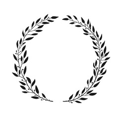 Laurel black wreath. Leaves and branches in the form of a circle. Hand drawn vector illustration for design.