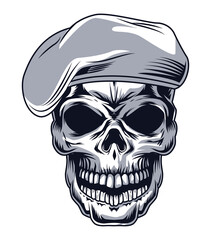 skull with beret - obrazy, fototapety, plakaty