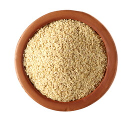 Wheat germ pile in clay pot isolated on white background, top view