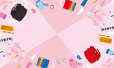 入学準備品と桜のポップな背景イラスト-ピンク2色