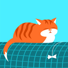 Obraz premium Cartoon striped ginger cat sleeping sweetly. Lying on the home couch. Vector illustration in cartoon style
