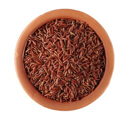 Fototapeta na wymiar Red wild rice pile in clay pot isolated on white background, top view