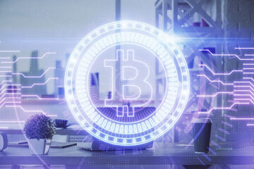 Double exposure of crypto technology theme drawing and office interior background. Concept of blockchain.