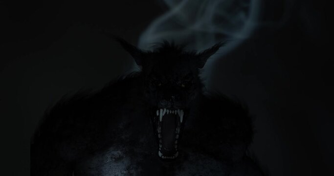 3d figure of a Werewolf creature snarling roaring with fog mist smoke rising effect
