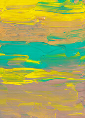 Abstract bright yellow, green, brown background. Textured brush strokes on paper. Minimalist oil painting. Contemporary art.