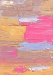 Abstract pastel pink, yellow, beige, white, blue background. Textured brush strokes on paper. Colorful artistic backdrop. Contemporary art