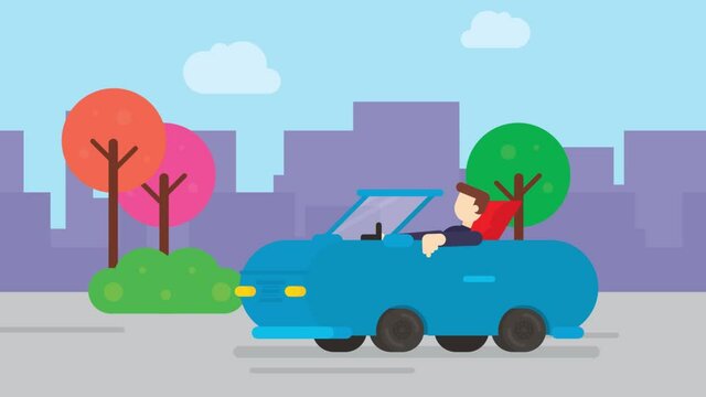 Flat Cartoon animation a man driving a car on road.