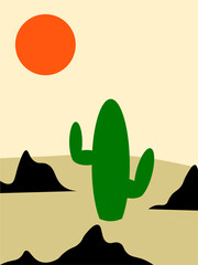 Abstract background in the form of a desert landscape. Green cactus and mountains silhouettes.