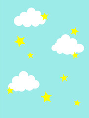 Blue background for children in the form of the sky. With white clouds and yellow stars in cartoon style.