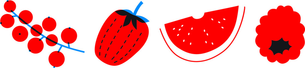 Strawberry, currant, raspberry, citrus fruits print. Vector abstract fruits horizontal banner. Red blue summer fruits. Can be use for restaurants menu, cover, packaging.