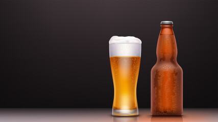 bottle and glass of beer with bubbles