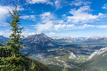 Panorama view Bow Valley Town of Banff, Cascade Mountain and surrounding Canadian Rocky Mountains in summer sunny day. Banff National Park, Alberta, Canada.
