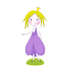 Cute cartoon spring fairy illustration. Crocus flower elf character. Forest and garden creature.