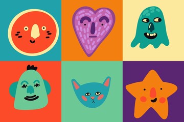 Hand drawn Abstract shapes, funny cute Comic characters. Set of Different colored Vector illustrations. Cartoon style. Flat design.Posters, logo Templates, fashion design, textile