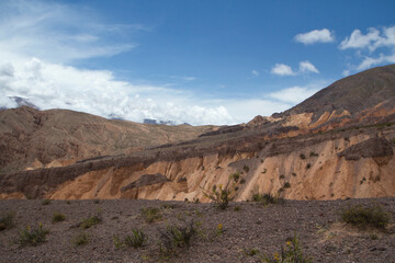 High in the cordillera. View of the colorful rock and sandstone cliffs. The arid desert orange and brown mountains in Tilcara, Jujuy, Argentina.