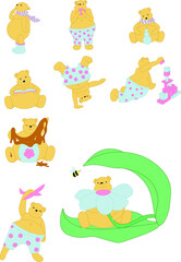 Group of illustrations of a cute bear. Bear doing different things: eating honey, play with airplane and other. Main colors: blue, pink and brown. Vector illustration.